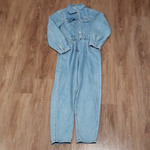 (XS) SHEIN Full Length Denim Jumpsuit Coveralls Farmhouse Outdoors Lightwash - Picture 2 of 13